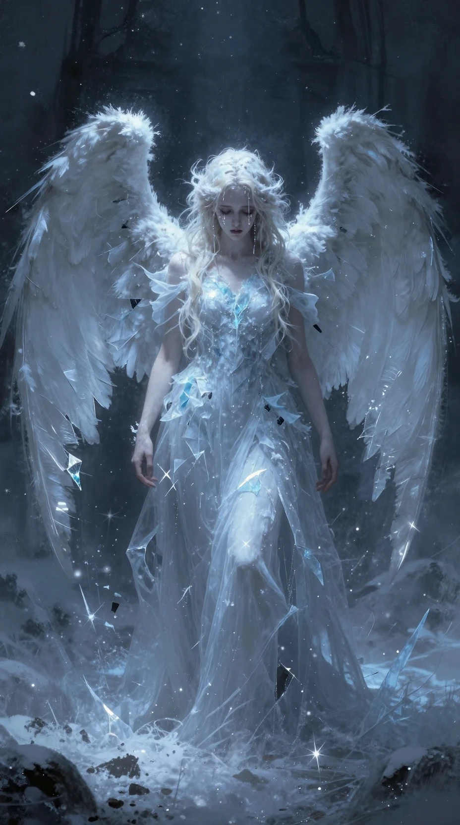 Anjo de Asas de Gelo Triste em um Campo de Neve Desolado