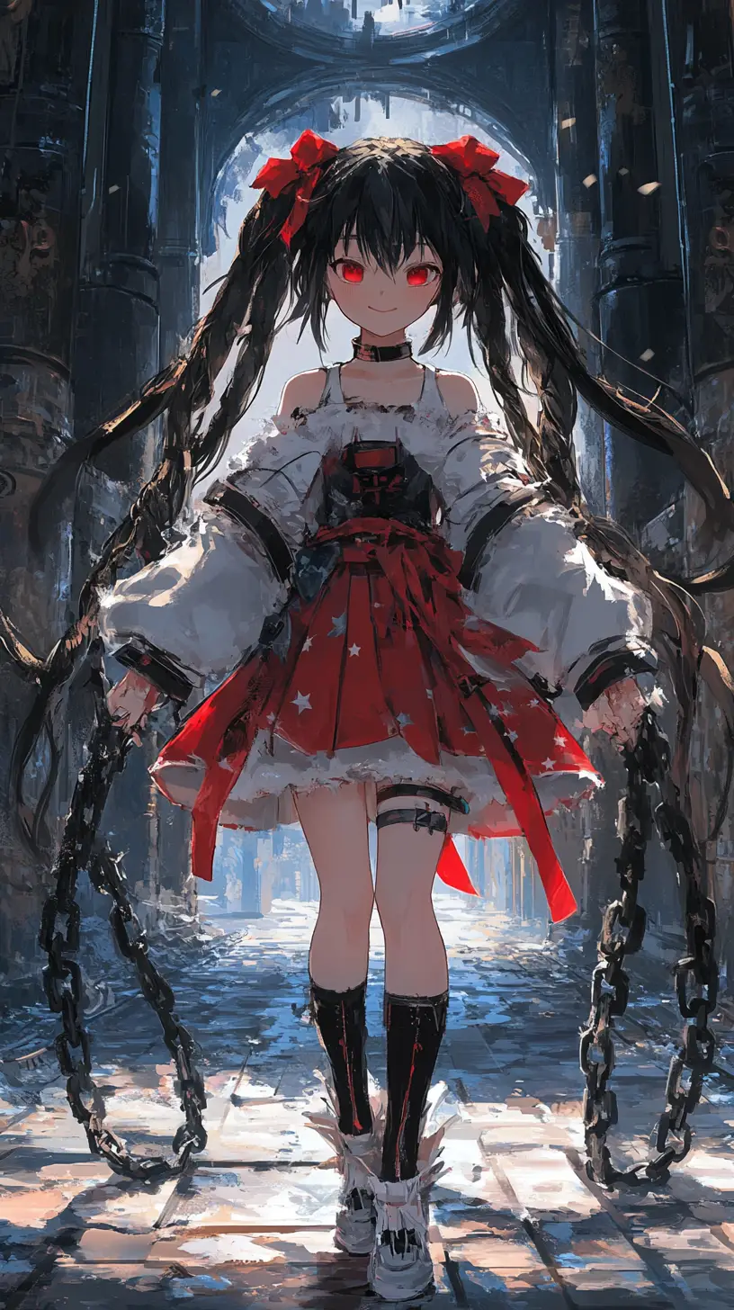Anime girl with chains and red poncho in dark outfit