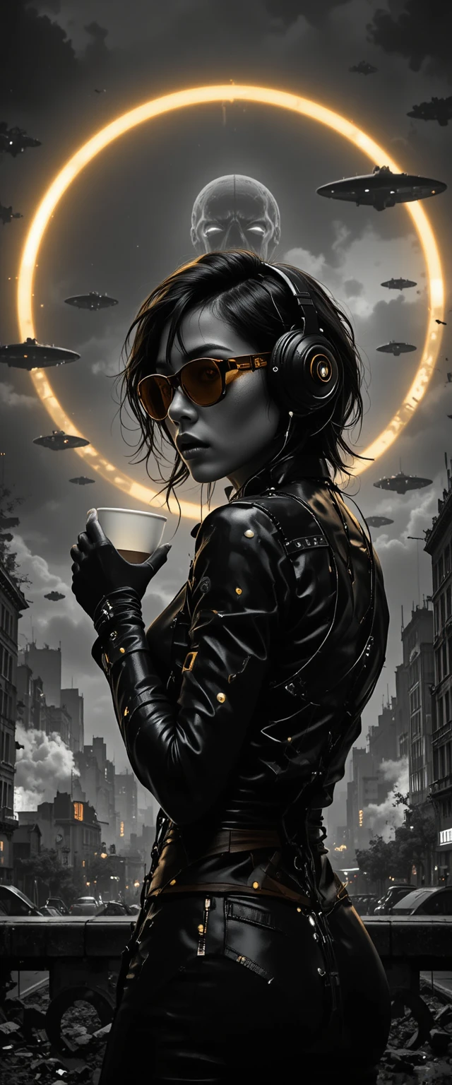 Donna di moda cyberpunk che posa su sfondo neutro da studio