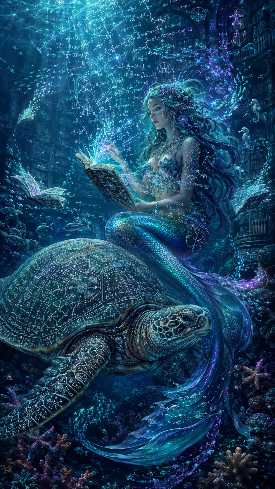 Sábia guardiã sereia em uma biblioteca submarina brilhante