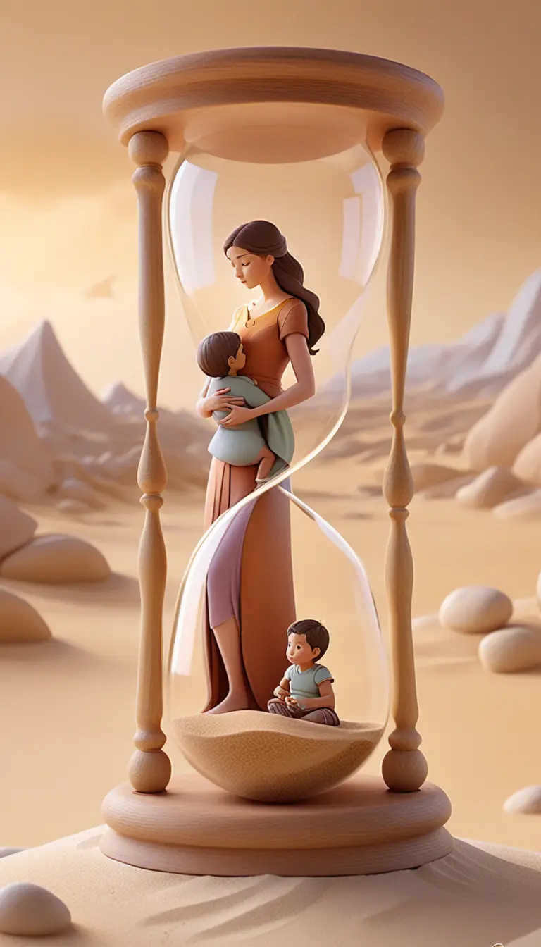 Clessidra con scene familiari generazionali in una calda arte 3D