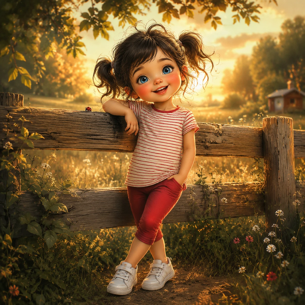 Playful little girl by a wooden fence at sunset