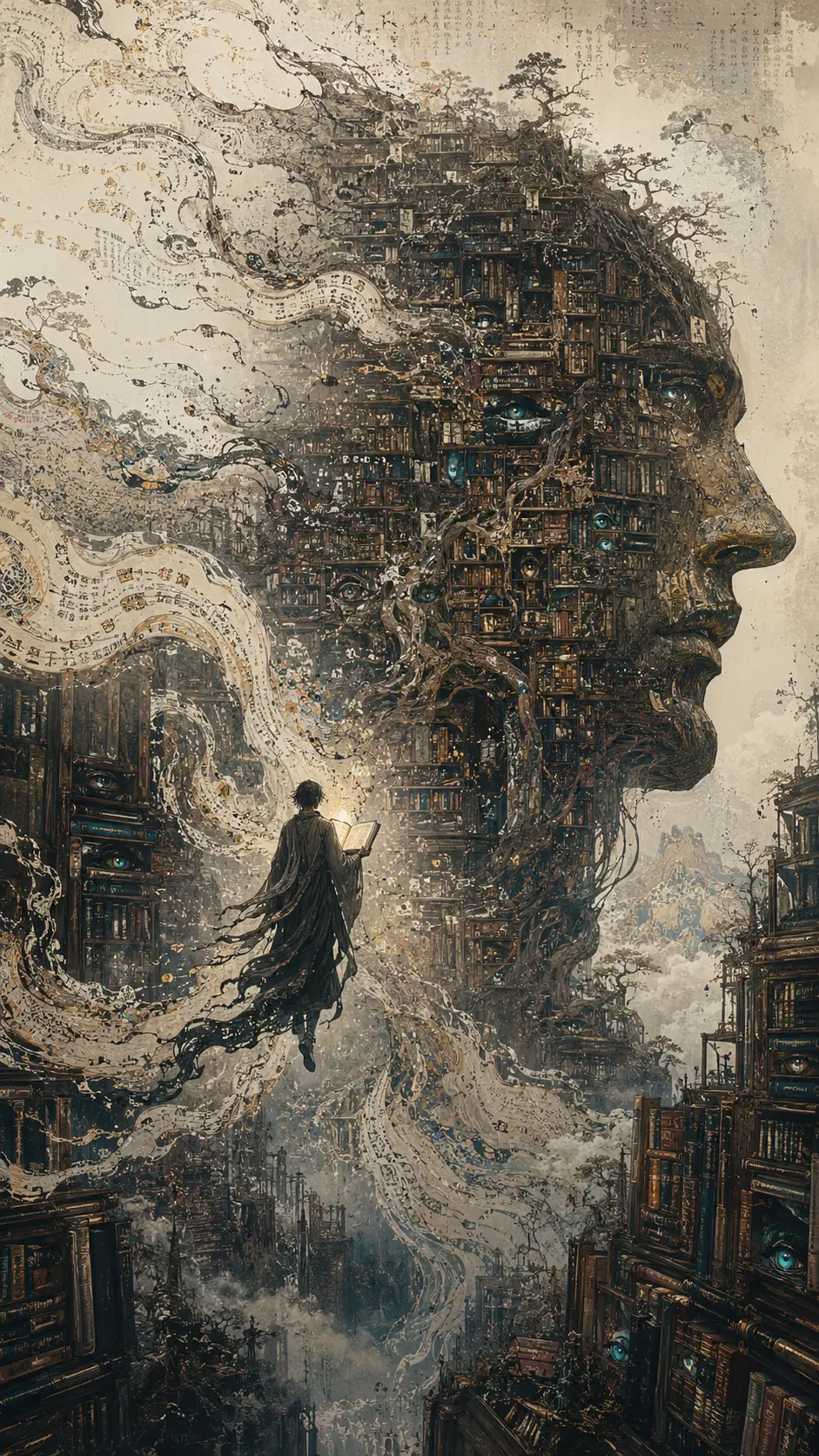 Arquivista sobrenatural vagando por uma biblioteca cósmica infinita