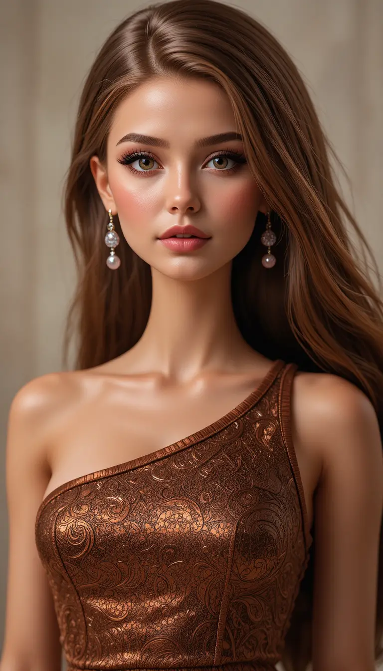 Elegant woman in brown one shoulder top portrait