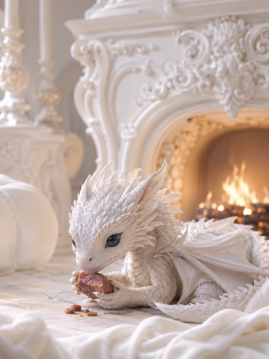 Dragão branco comendo carne ao lado de uma lareira interna aconchegante