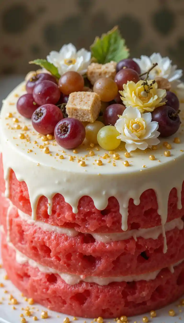 Bolo de melancia em camadas com uvas e flores de creme