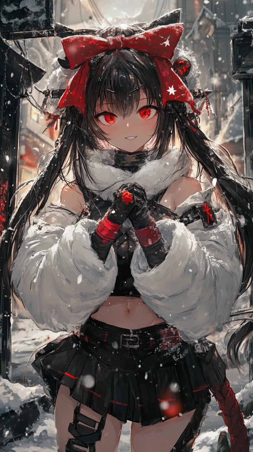 Ragazza anime con fiocco rosso e catene in abito scuro