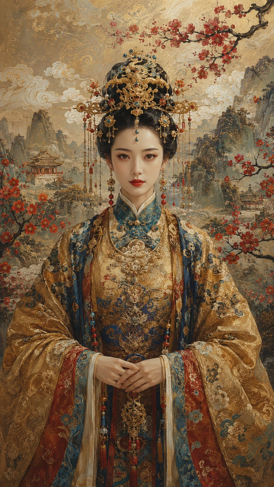 Imperatriz serena da dinastia Ming em elaborada pintura a tinta fantasia