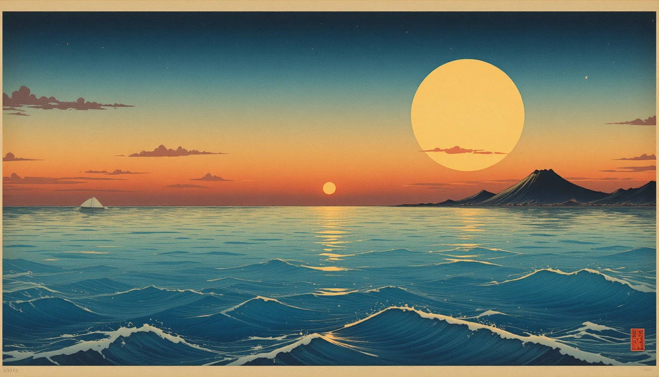 Pôr do sol surreal em estilo ukiyo-e sobre mar azul-claro e calmo