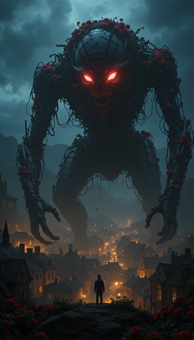 Mechanical giant over dark european town at night