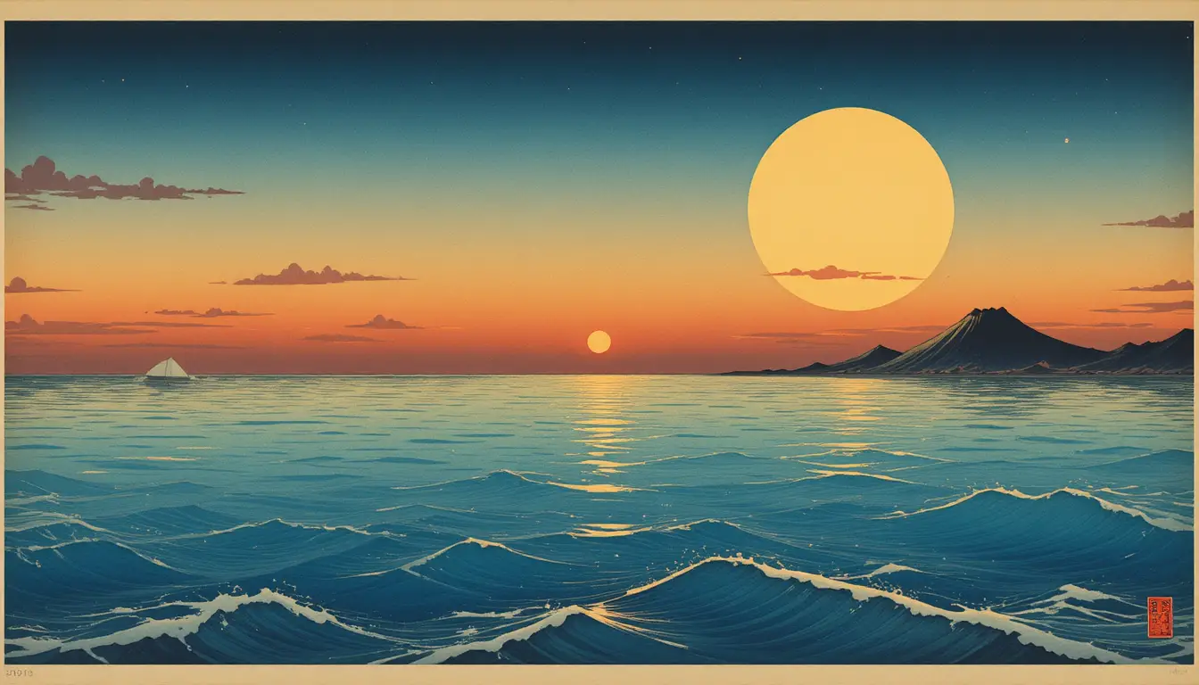 Surreal ukiyo e sunset sun over calm azure sea