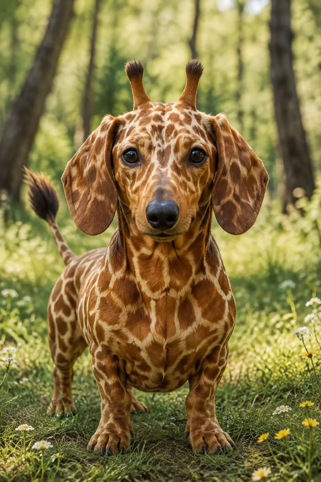 Adorable fantasy dachshund giraffe hybrid in a sunny grove