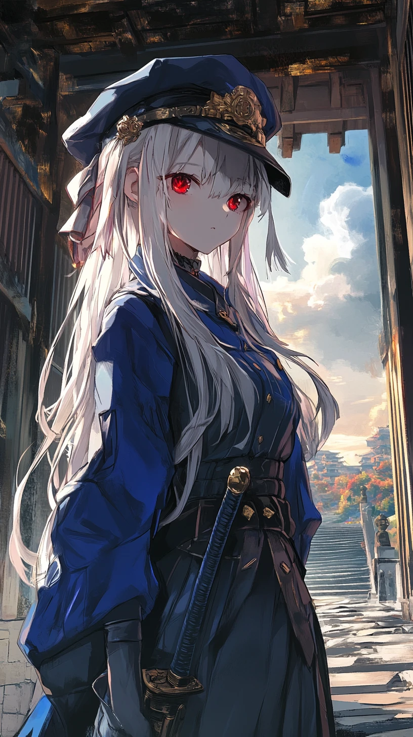 Fille d’anime se reposant près de la porte d’un palais d’os