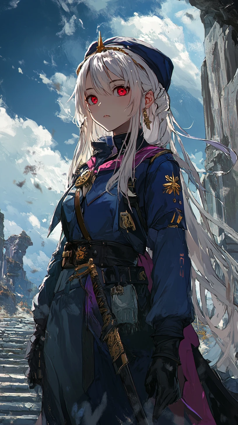 Fille d’anime se préparant au combat devant la porte d’un palais d’os