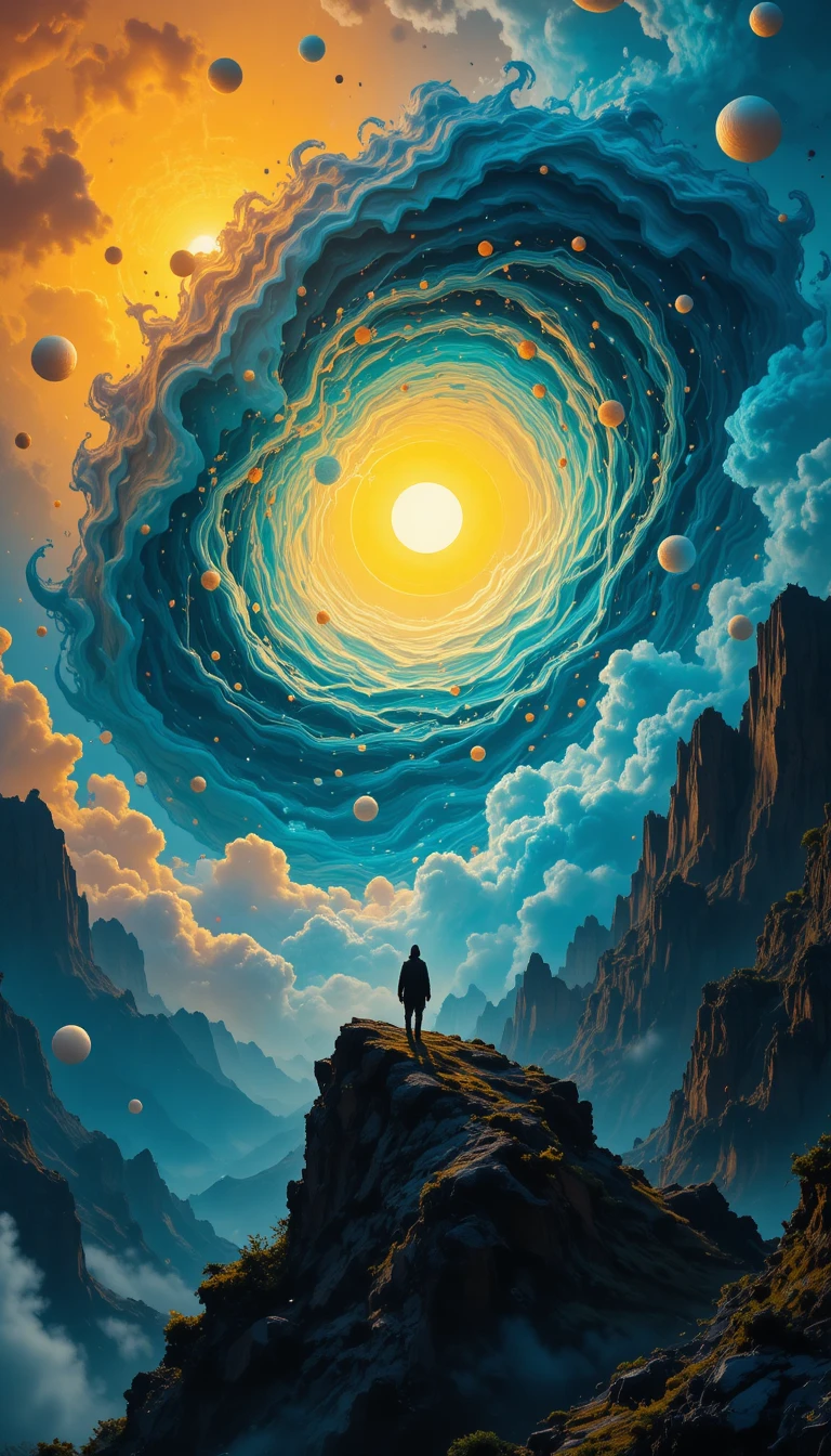 Einsamer verhüllter Wanderer vor einem wirbelnden kosmischen Wirbel