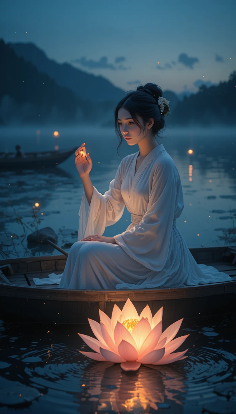 Femme dans une barque atteignant un lotus lumineux au crépuscule