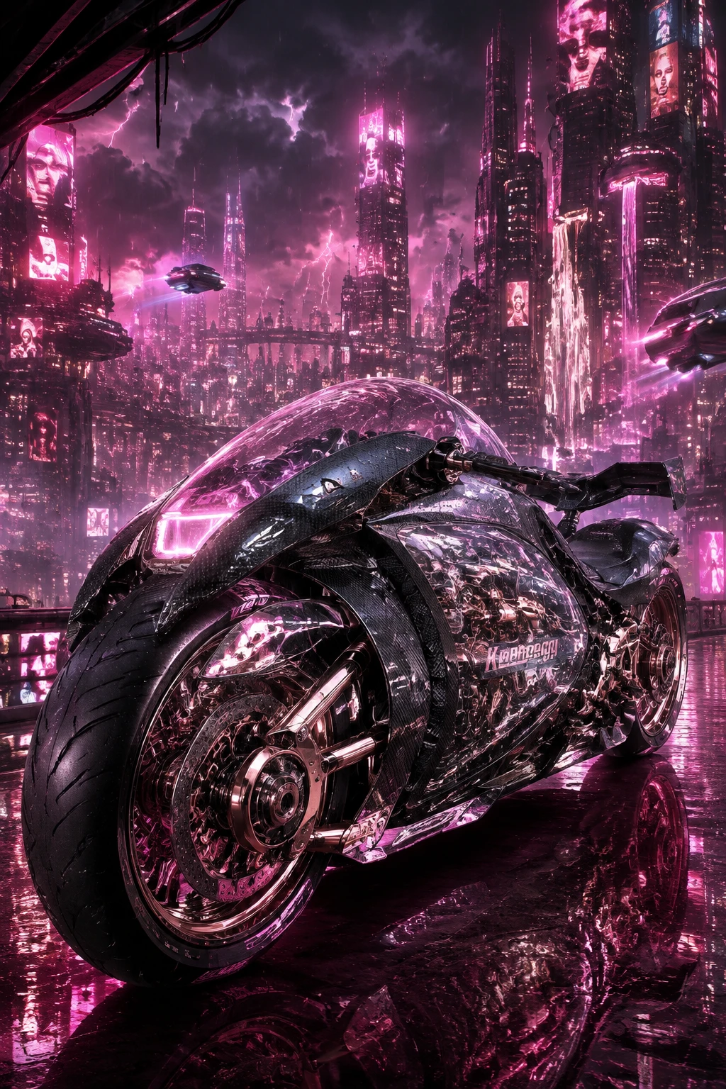 Moto futurista de carbono ao lado de megacidade cyberpunk em neon