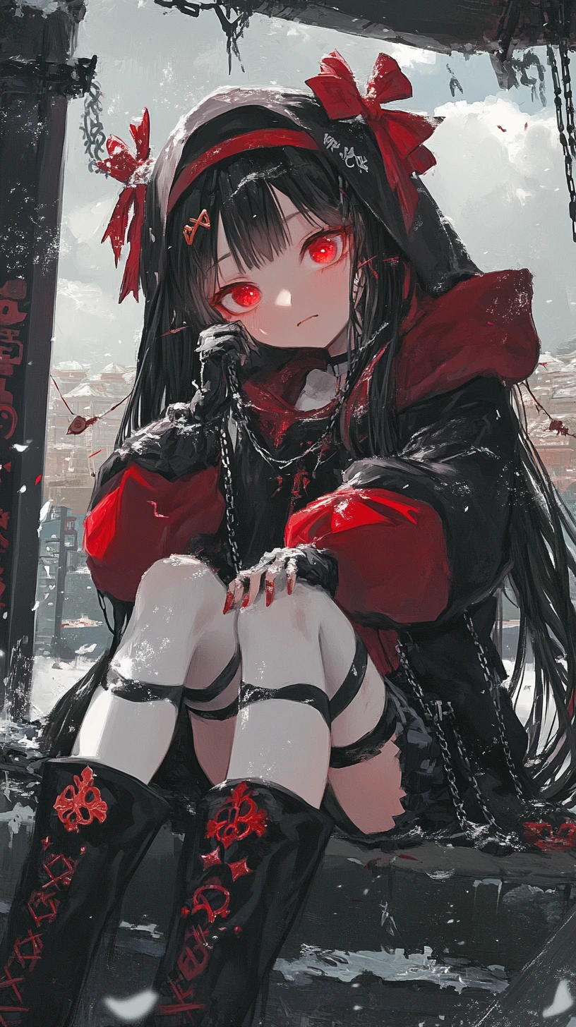 Chica de anime con lazo rojo y cadenas en atuendo detallado