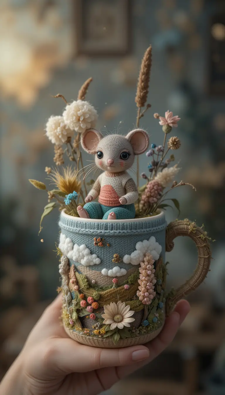 Gehäkelte 3D-Maus auf einer flauschigen Kalmus-Tasse