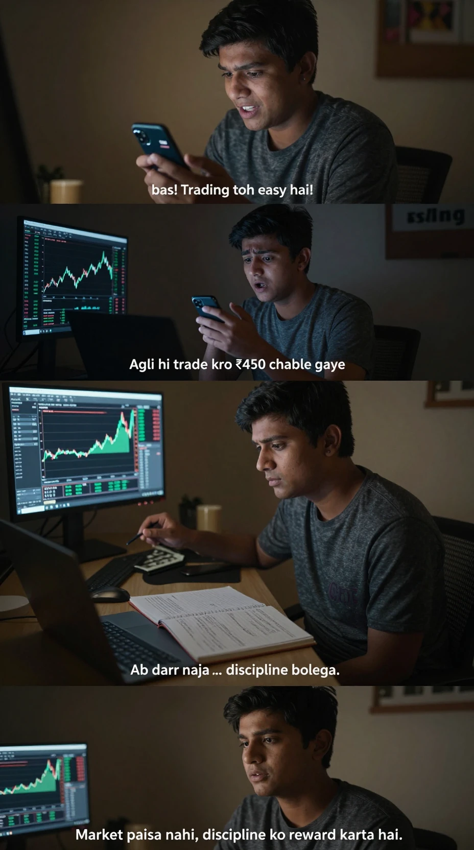 Young man at night checking his phone in bedroom