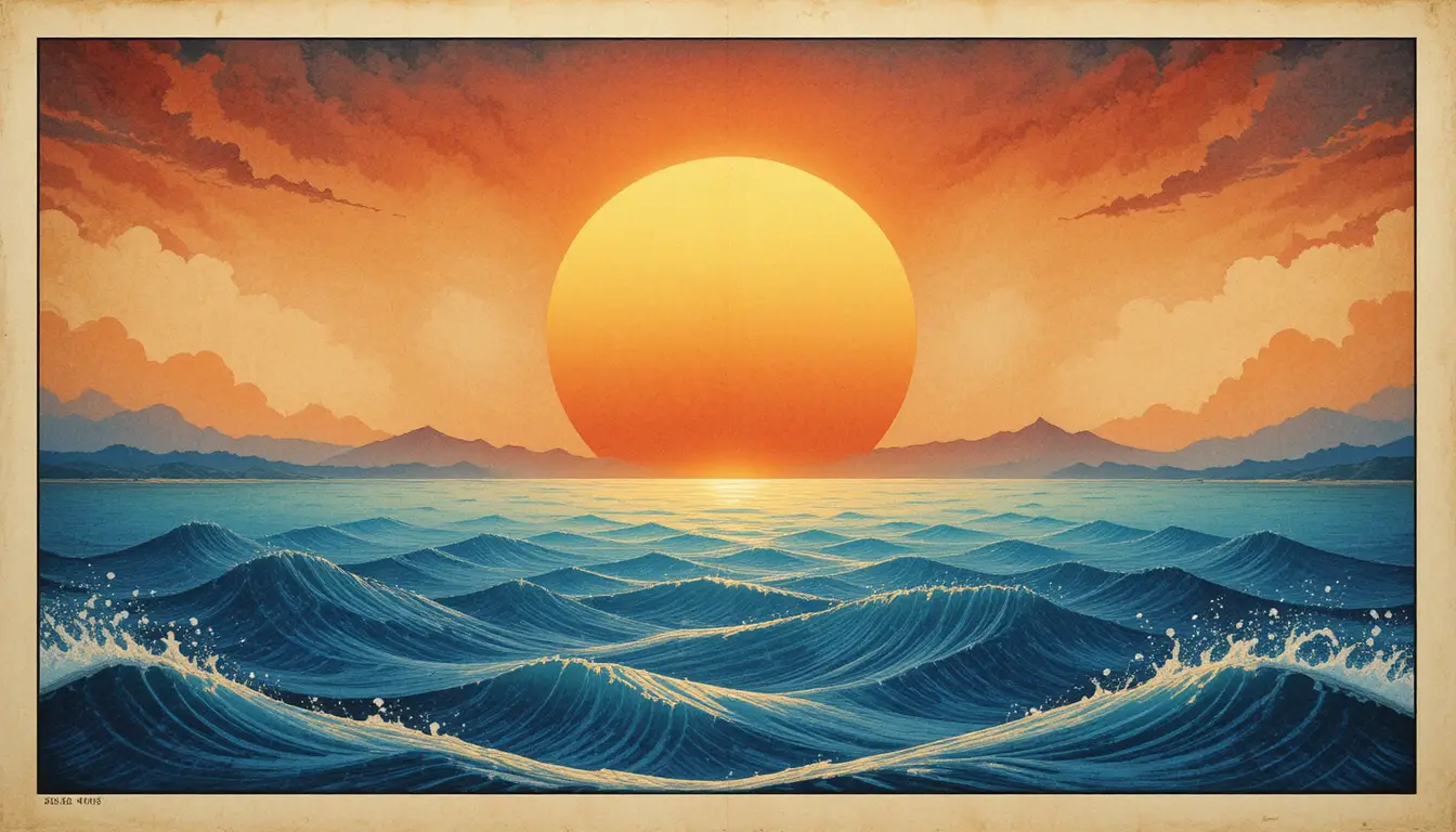 Ukiyo e sunset with fiery sun over tranquil blue sea