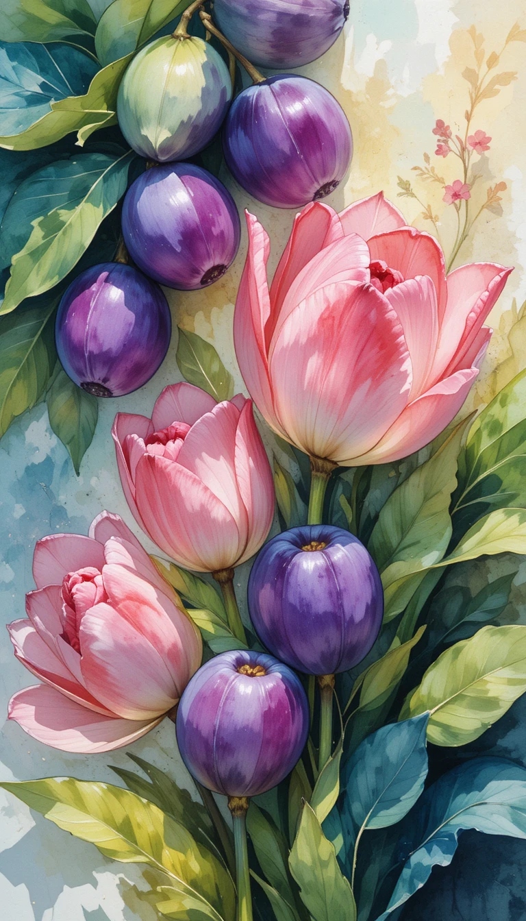 Aquarell-Pflaumen und Tulpen in weichen abstrakten Farbschwüngen