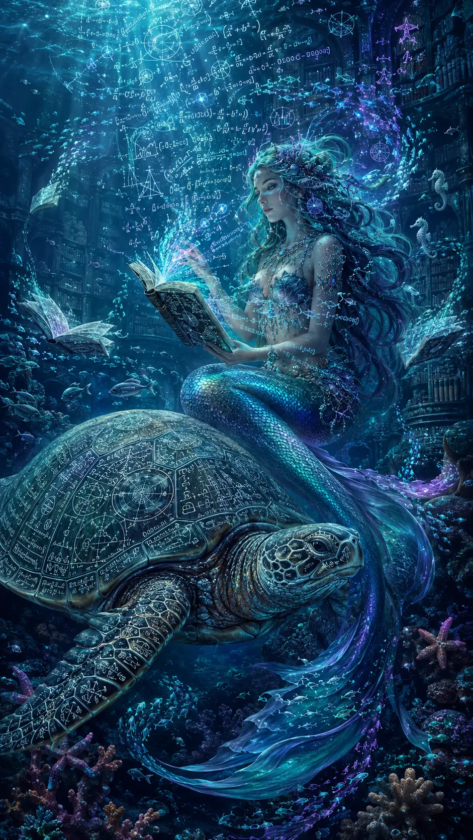 Saggia sirena guardiana in una luminosa biblioteca sottomarina