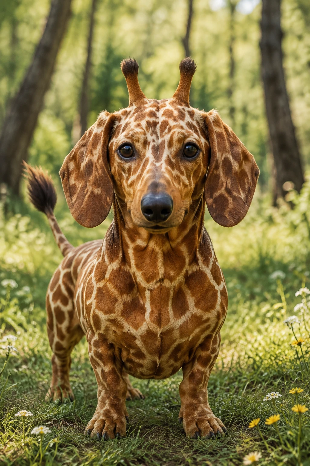Niedliche Fantasy-Dackel-Giraffe-Hybride in einem sonnigen Hain