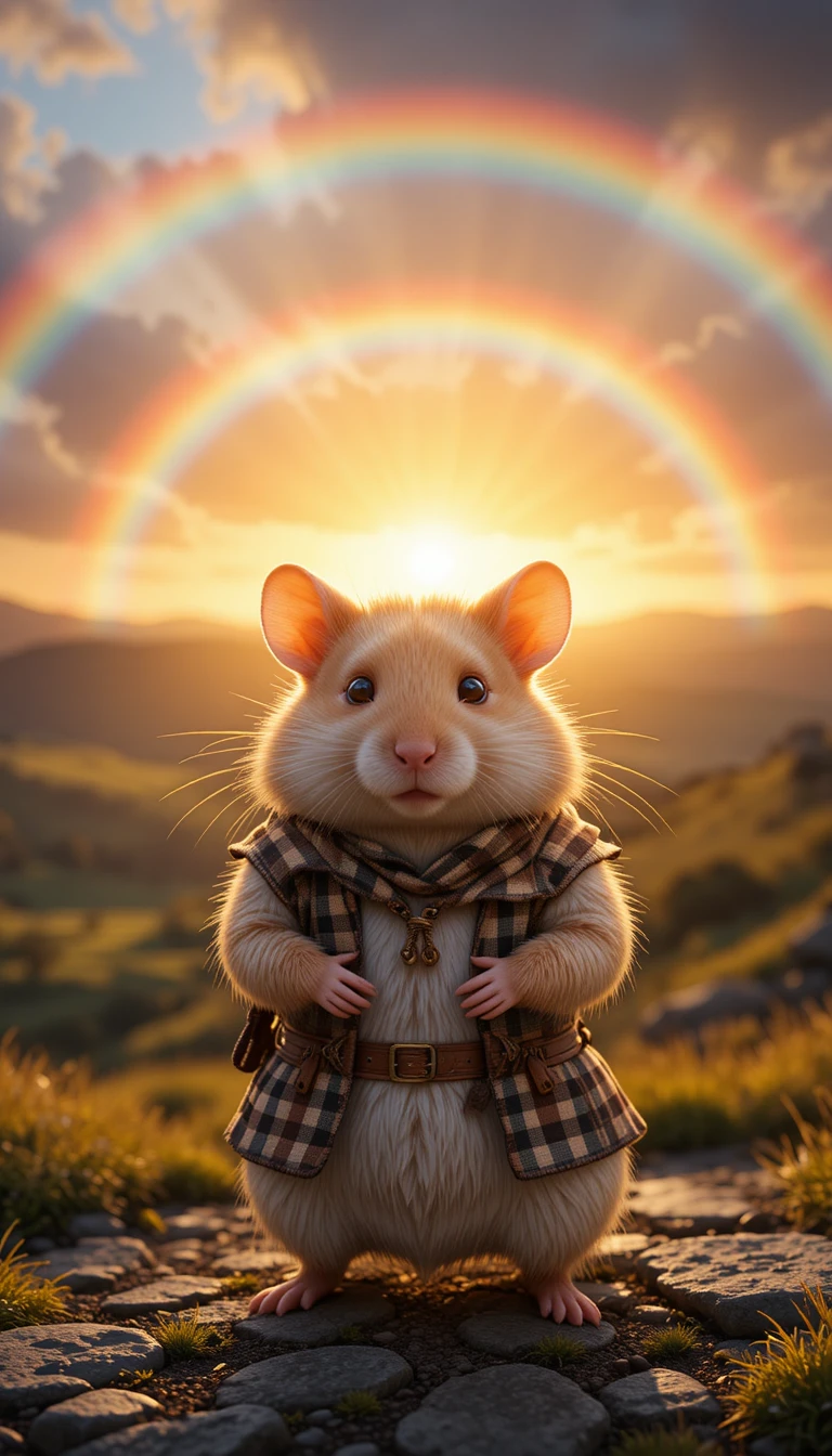 Adorável hamster caminhante em um vale de Yorkshire ao pôr do sol