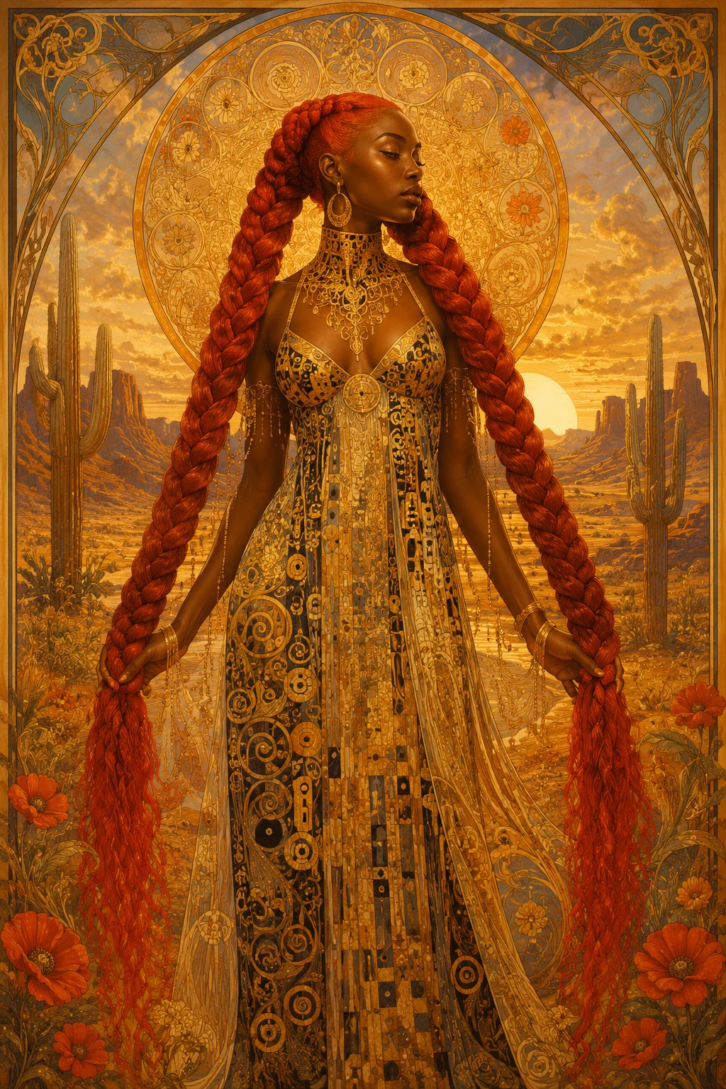 Woman with fiery red braids walking through a golden desert