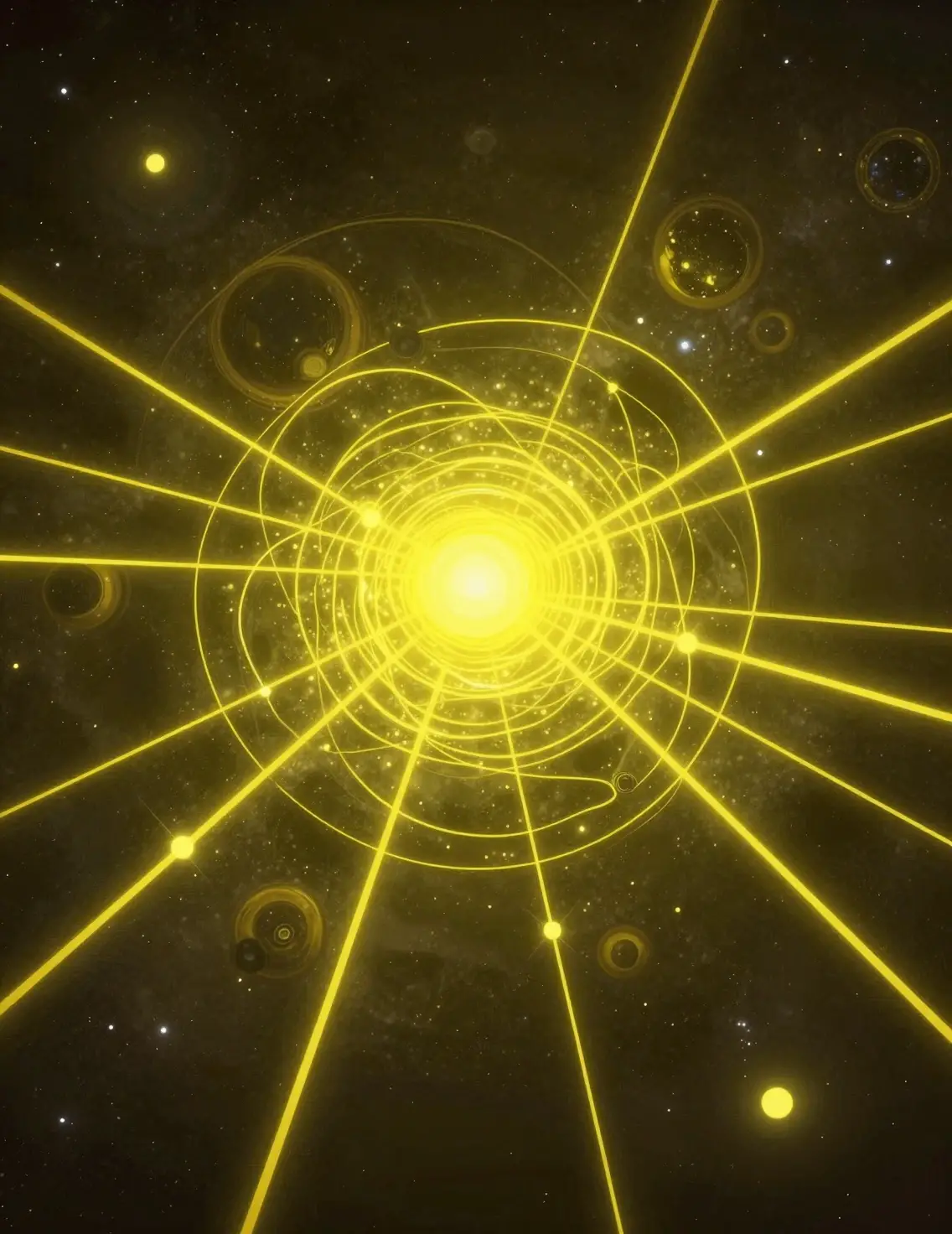 Weites Multiversum-Netzwerk, das in gelber kosmischer Energie leuchtet