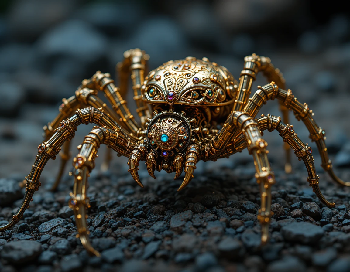 Gros plan macro d’une sculpture d’araignée steampunk dorée