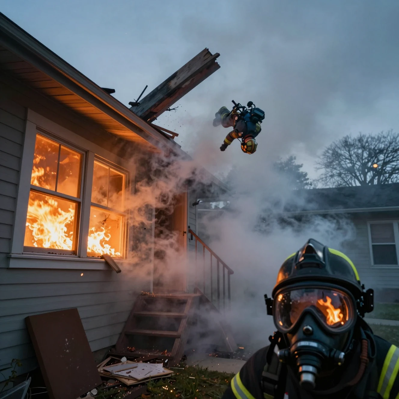 Maison de banlieue en flammes la nuit avec pompier