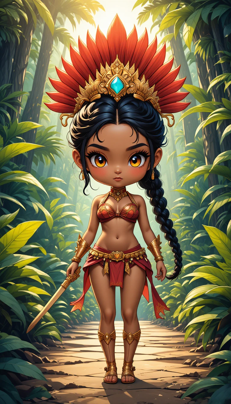 Garota guerreira chibi da selva com cocar de penas e lâmina