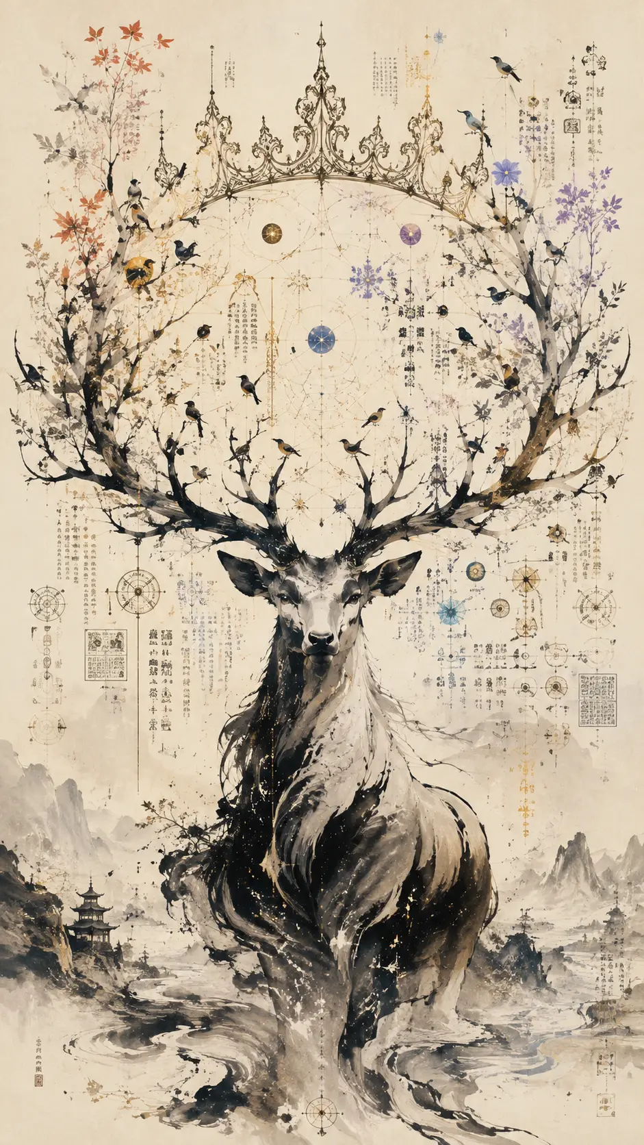 Cerf céleste à l’encre avec bois constellations