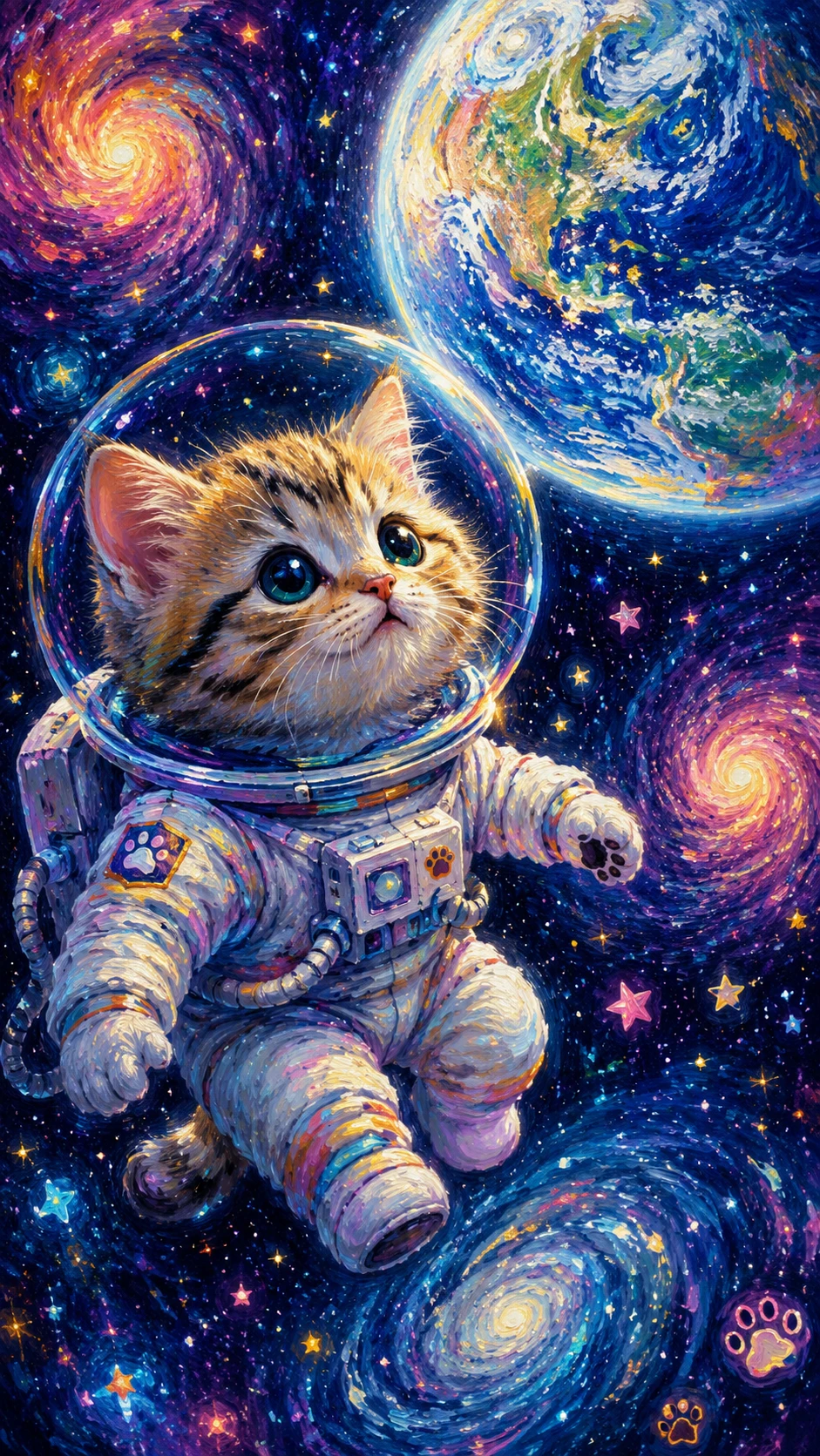 Portrait d’un chaton astronaute flottant dans l’espace profond coloré