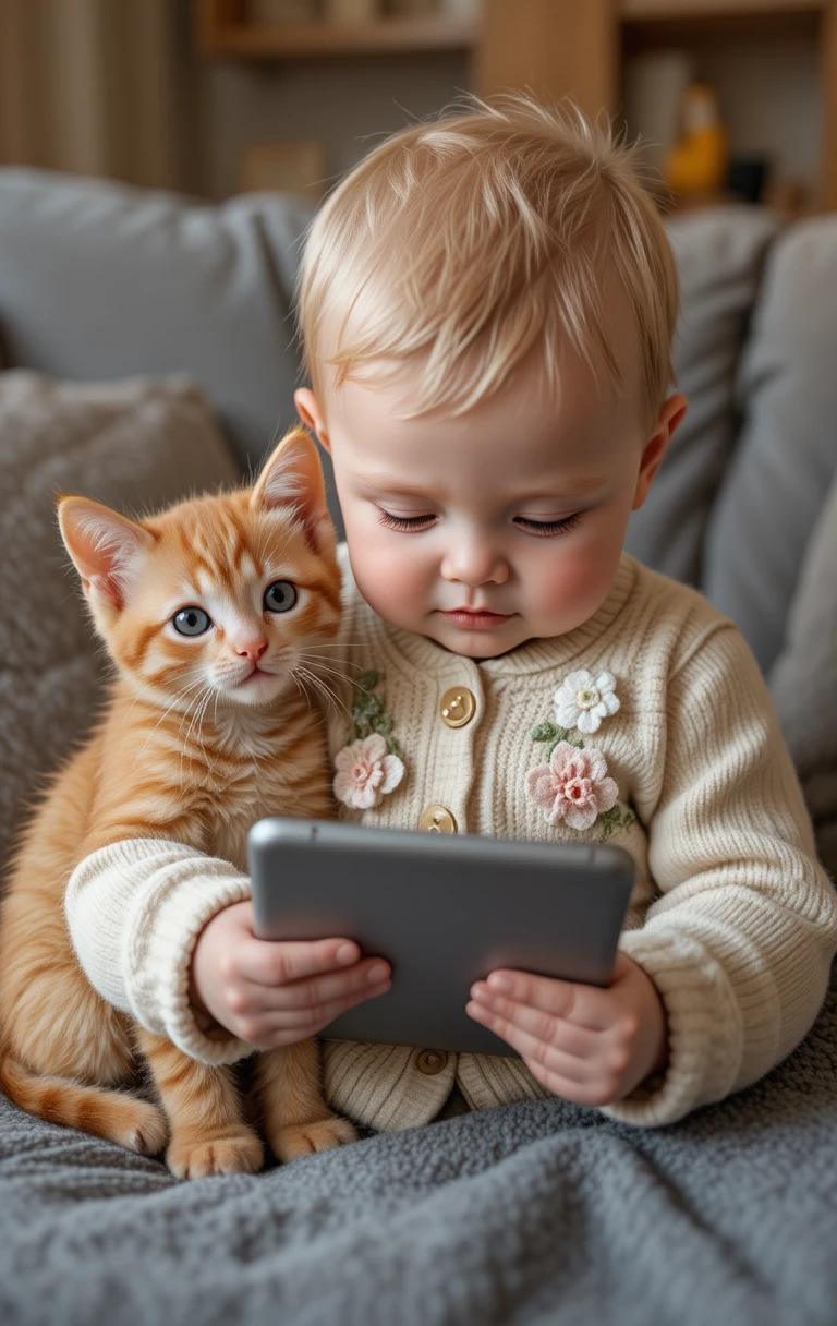 Bebê e gatinho ruivo abraçados com um tablet