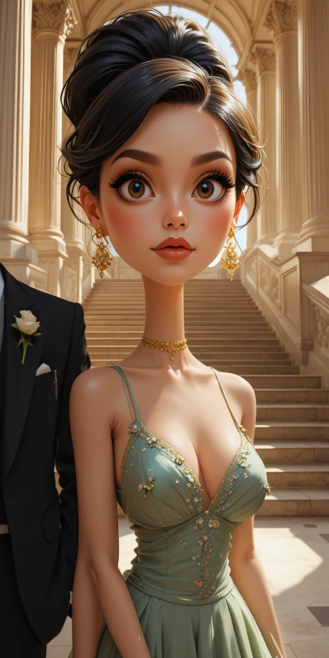 Joven elegante con vestido verde en gran escalinata