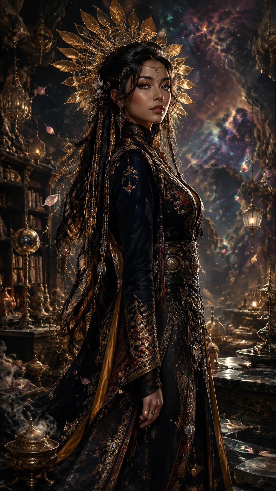 Solar mythic woman in a gothic alchemists library