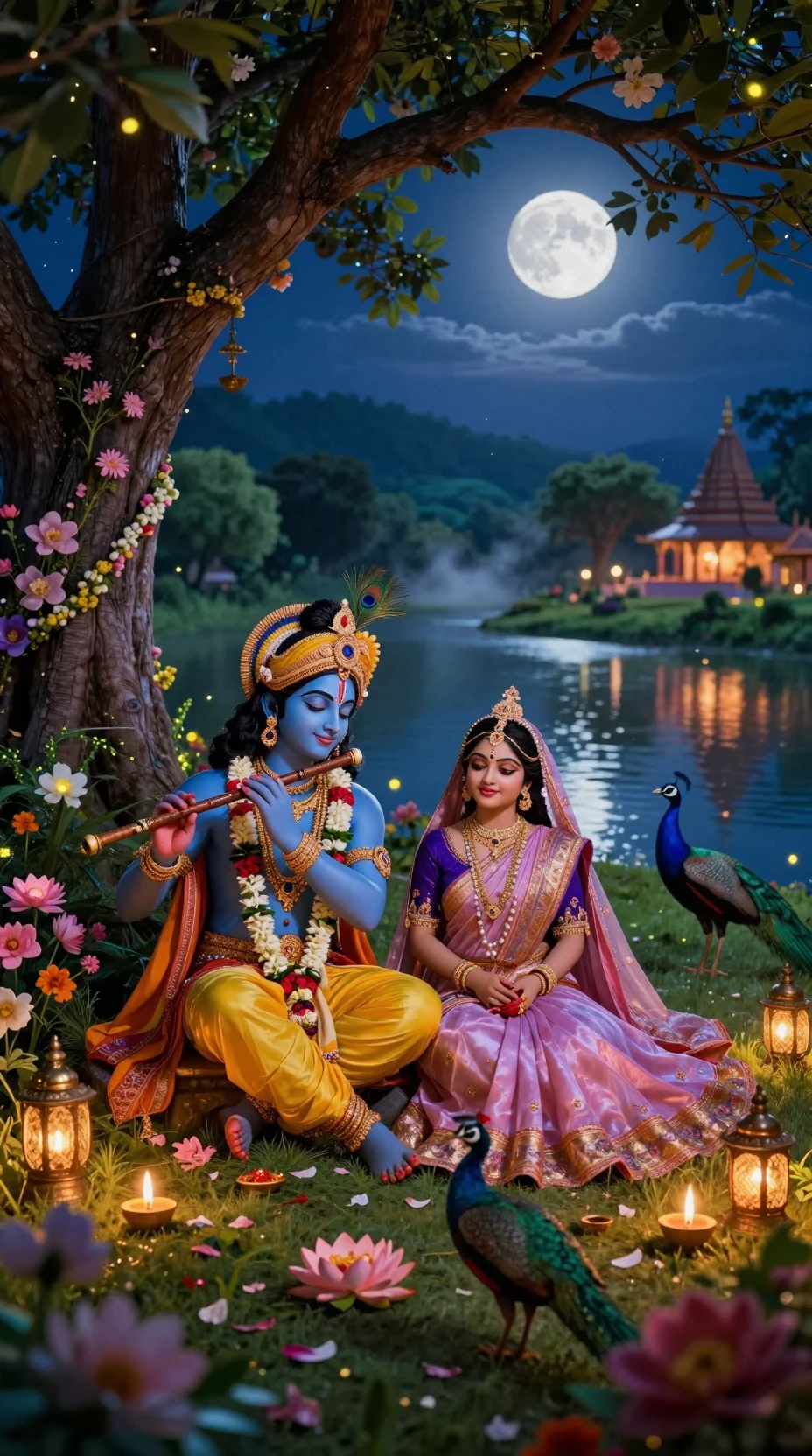 Radha et Krishna dans un jardin au clair de lune au bord de la rivière