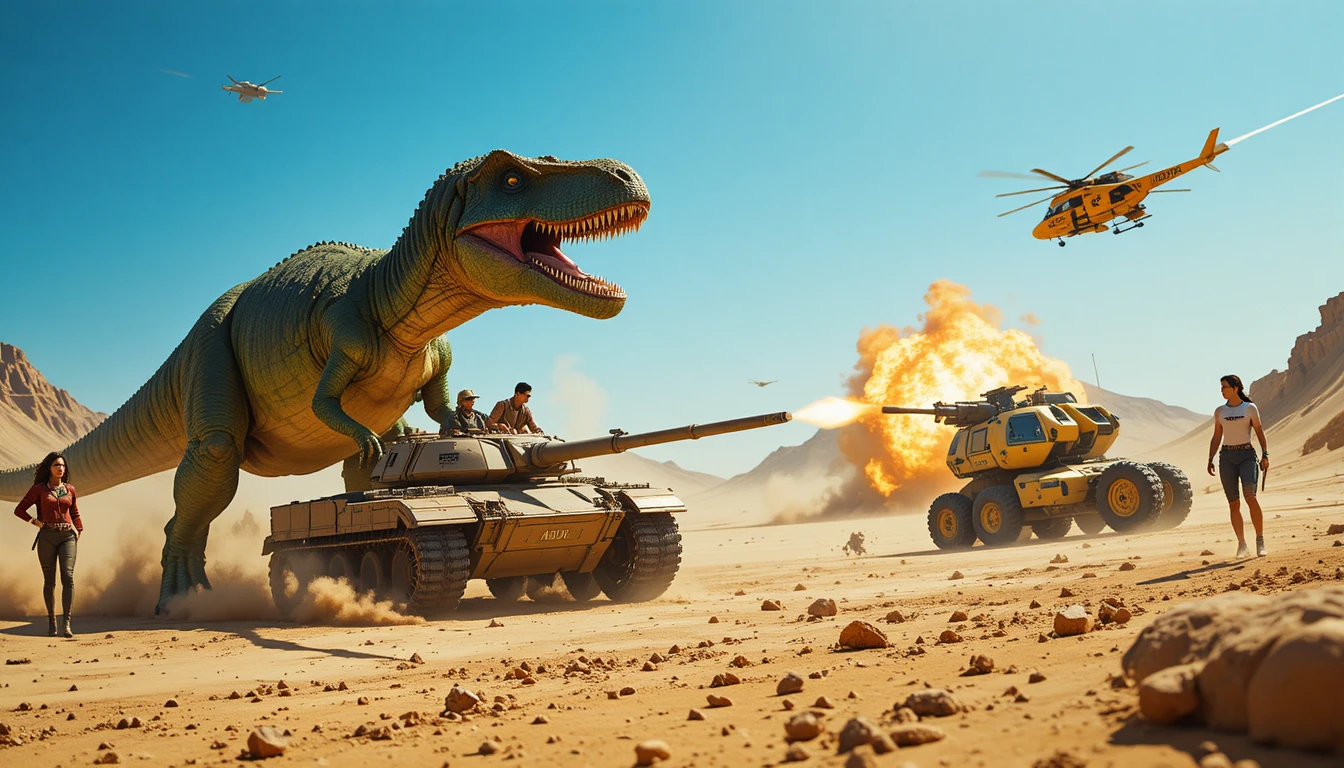 緑色のティラノサウルス・レックスが砂漠の戦場を突進する
