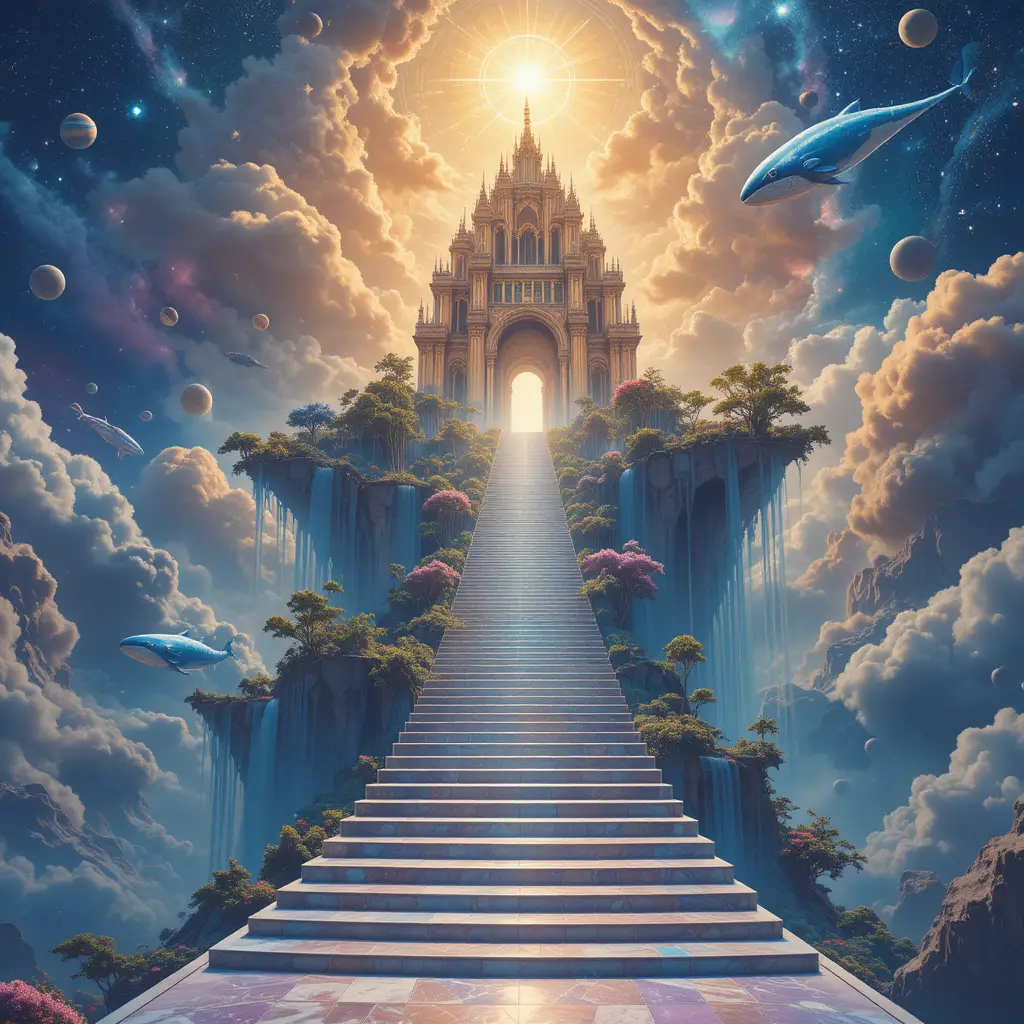 穿越宇宙天空的無盡發光大理石階梯