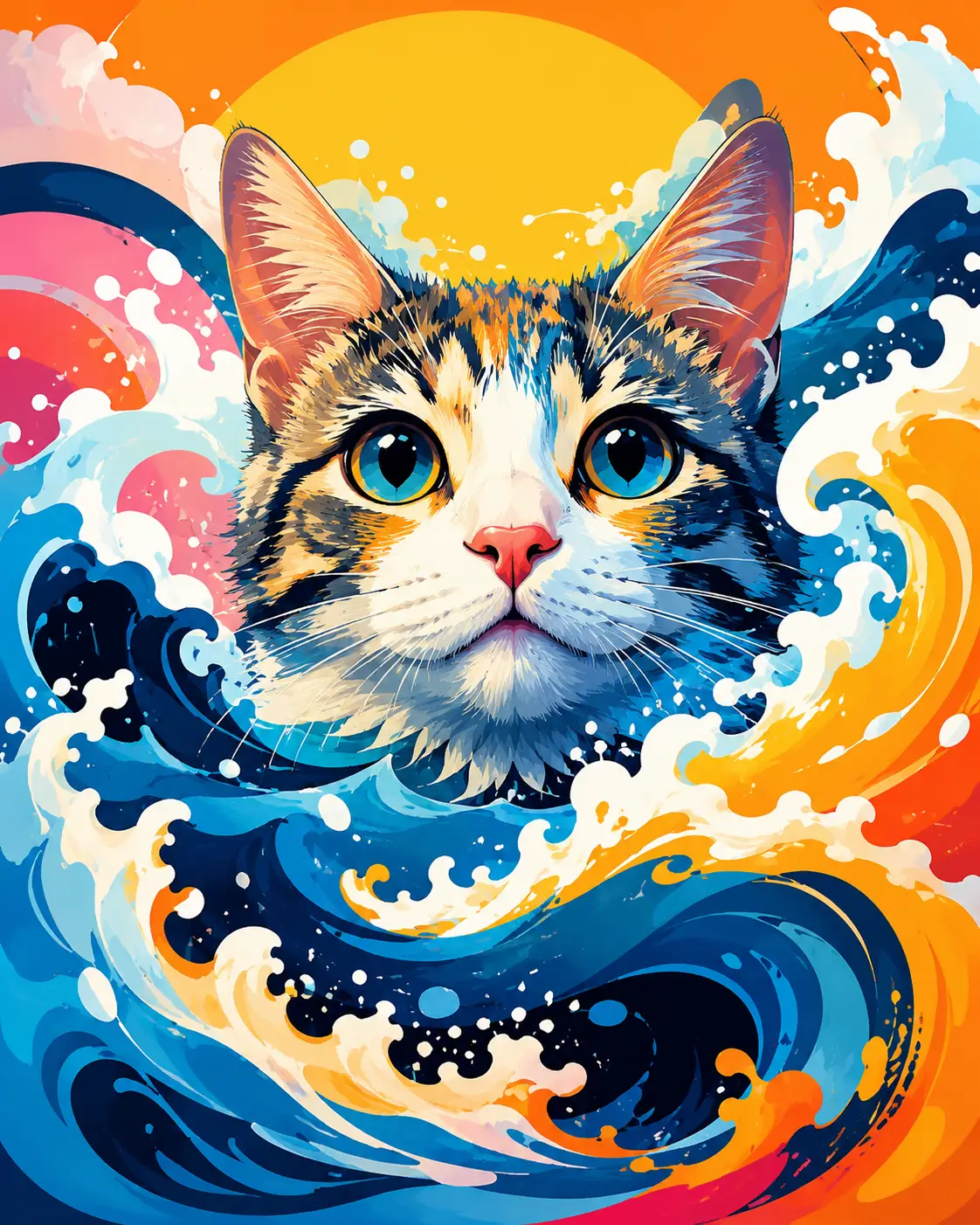 Gatto colorato in stile pop art che emerge da onde oceaniche astratte