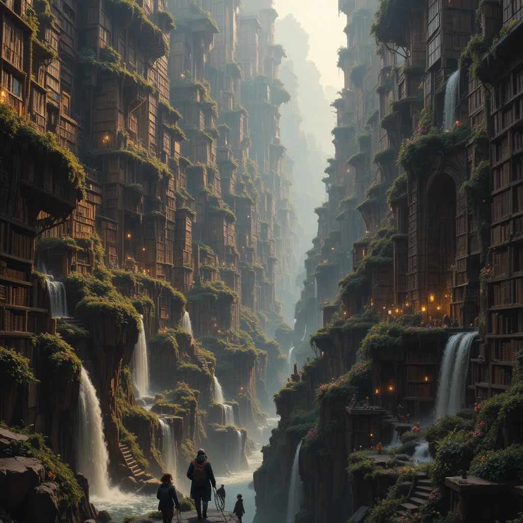 Endless Canyon Of Ancient Bookshelves And Waterfalls