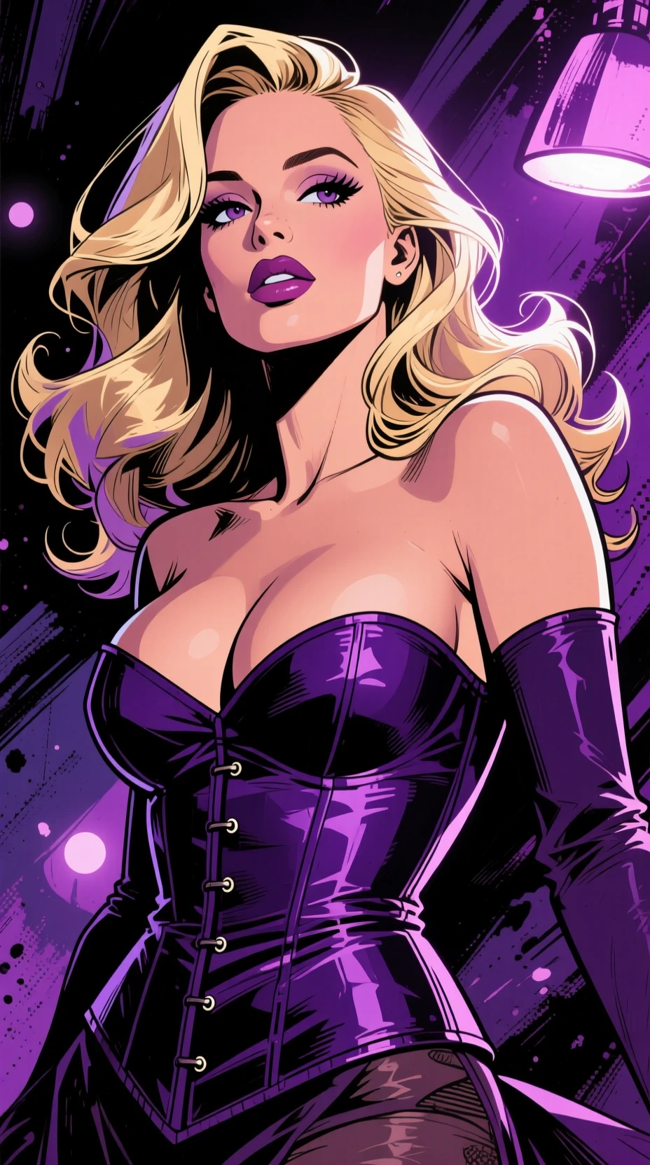 Close up de mulher loira em estilo anime com espartilho roxo escuro