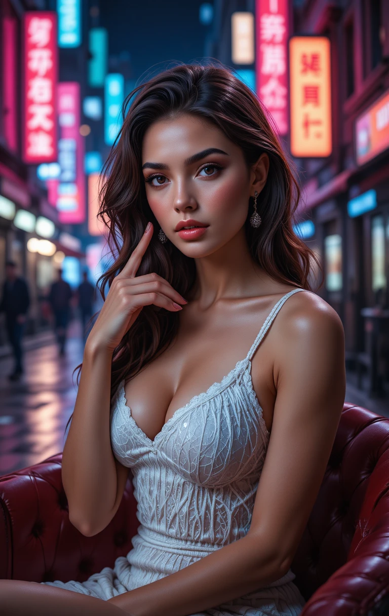 Cinematic portrait of a young woman in a neon city