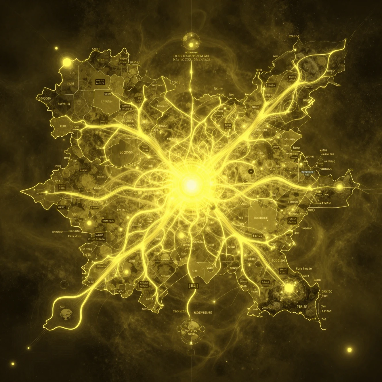 Vast cosmic map of realms linked by glowing yellow energy