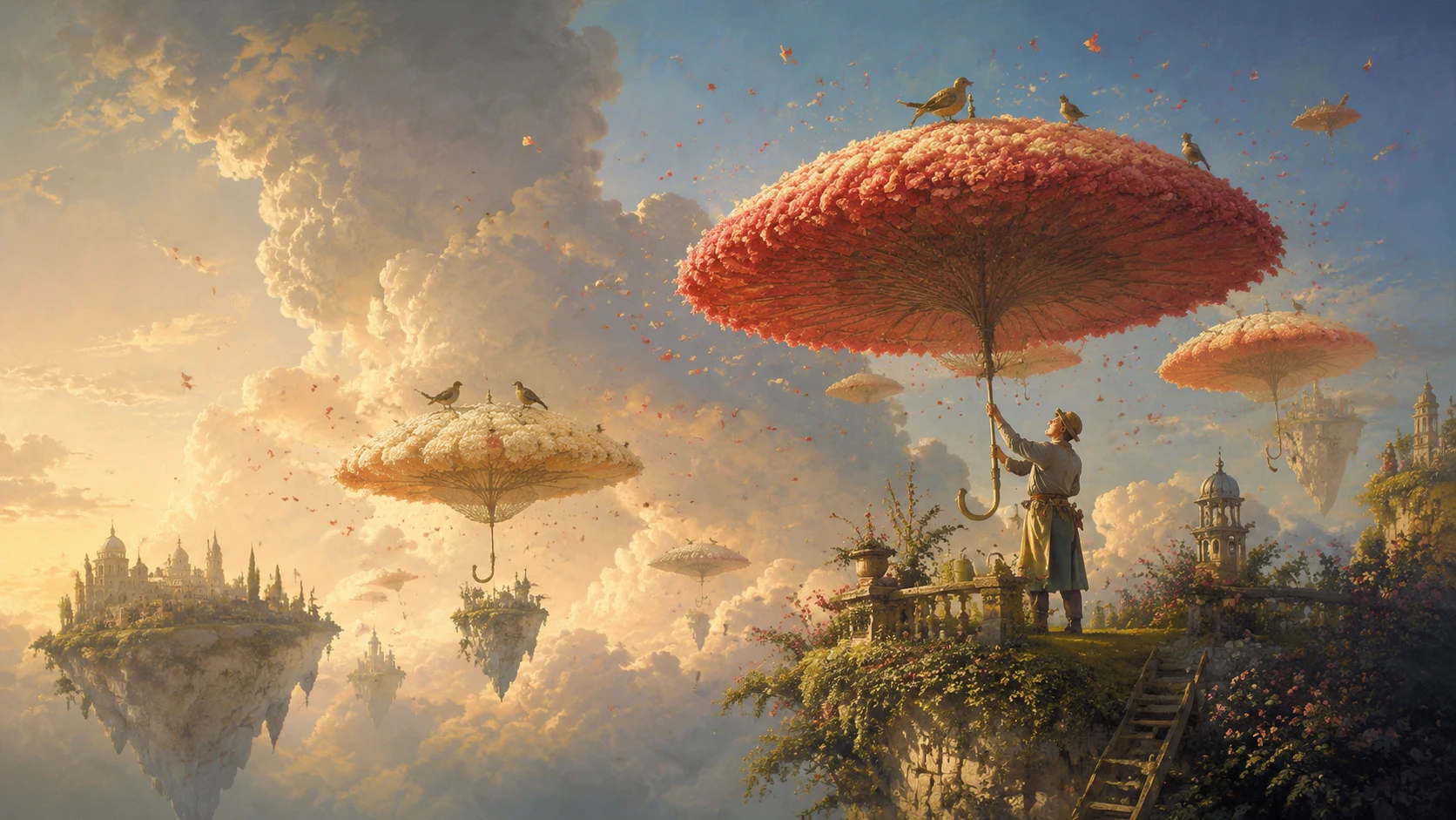 Giardiniere tra Isole Fluttuanti e Alberi Ombrello in Fiore