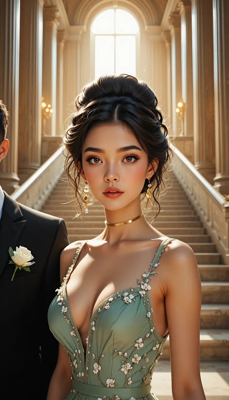 Jovem elegante em vestido verde em escadaria banhada de sol