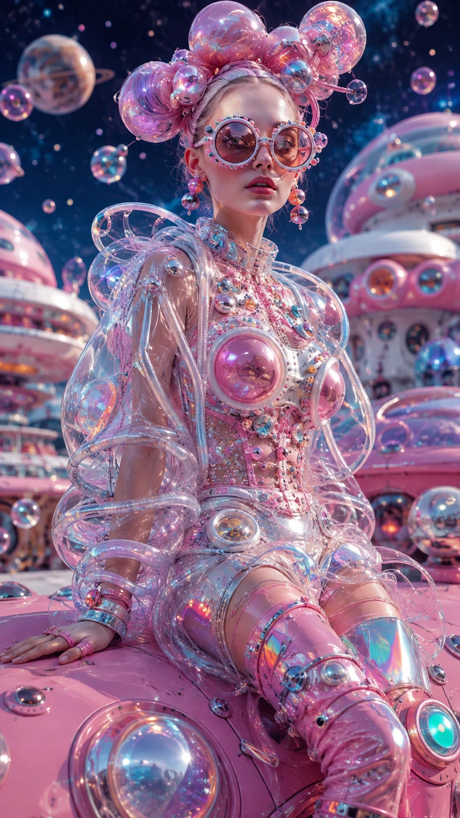 Modelo de moda futurista em cena intergaláctica divertida